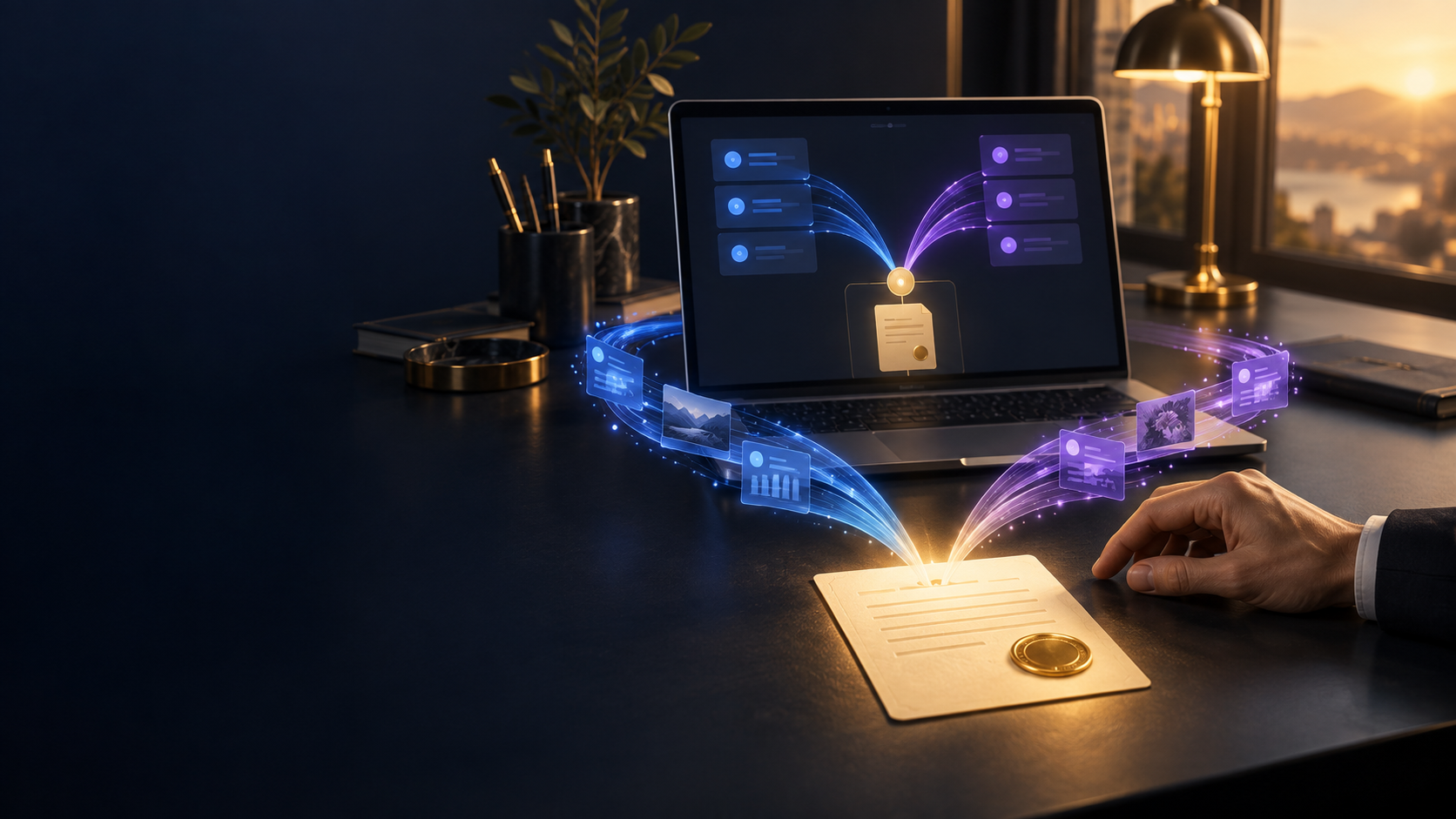 A local decision workspace preserving separate blue and violet AI reviews beside a human-held receipt